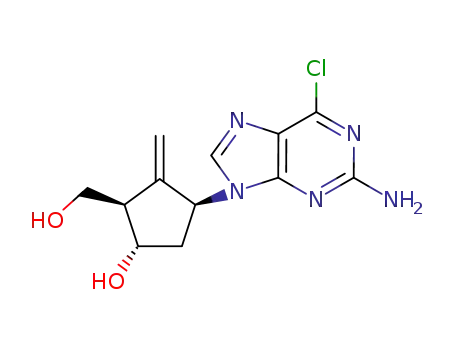 Molecular Structure of 701278-58-2 (6-chloro-9-[(1S,3R,4S)-4-hydroxy-3-(hydroxymethyl)-2-methylene-cyclopentyl]-9H-purine-2-amine)