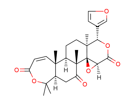 751-03-1,OBACUNON,Obacunoicacid, e-lactone;Obacunone (6CI,7CI);Oxireno[4,4a]-2-benzopyrano[6,5-g][2]benzoxepin-3,5,9(3aaH,4bH,6H)-trione, 1a-(3-furyl)-1,6aa,7,11a,11ba,12,13,13a-octahydro-4bb,7,7,11ab,13aa-pentamethyl- (8CI);14,15:21,23-Diepoxy-4,4,8-trimethyl-A,D-dihomo-24-nor-4,17-dioxachola-1,20,22-triene-3,7,16-trione;Obacunoic acid 3,4-lactone;Tricoccin S3;[1S-(1a,3aa,4aS*,4bb,6aa,11ab,11ba,13aa)]-1-(3-Furanyl)-1,6a,7,11a,11b,12,13,13a-octahydro-4b,7,7,11a,13a-pentamethyloxireno[4,4a]-2-benzopyrano[6,5-g][2]benzoxepin-3,5,9(3aH,4bH,6H)-trione;
