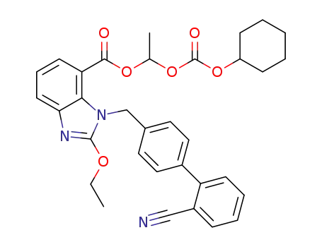 Molecular Structure of 632322-62-4 (1-(cyclohexoxycarbonyloxy)ethyl 3-[[4-(2-cyanophenyl)phenyl]methyl]-2-ethoxy-benzimidazole-4-carboxylate)