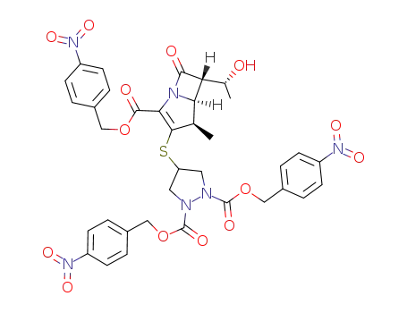 Molecular Structure of 120764-68-3 (p-Nitrobenzyl (1R,5S,6S)-2-<<(N,N-Bis(p-nitrobenzyloxycarbonyl)pyrazolidin-4-yl>thio>-6-<(1R)-1-hydroxyethyl>-1-methylcarbapen-2-em-3-carboxylate)