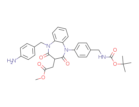 Molecular Structure of 264915-91-5 (methyl 5-(4-aminobenzyl)-1-(4-tert-butoxycarbonylaminomethylphenyl)-2,4-dioxo-2,3,4,5-tetrahydro-1H-1,5-benzodiazepine-3-acetate)