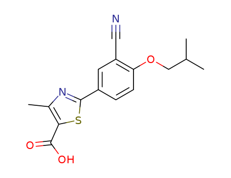 144060-53-7,Febuxostat,5-Thiazolecarboxylic acid, 2-(3-cyano-4-(2-methylpropoxy)phenyl)-4-methyl-;Tei 6720;Febuxostat/ 2-(3-cyano-4-isobutoxyphenyl)-4-methylthiazole-5-carboxylic acid;Febuxostat (JAN/USAN);TMX 67;Tei-6720;2-[3-cyano-4-(2-methylpropoxy)phenyl]-4-methyl-1,3-thiazole-5-carboxylic acid;TMX-67;