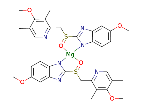 95382-33-5,Omeprazole magnesium,Magnesium,bis[5-methoxy-2-[[(4-methoxy-3,5-dimethyl-2-pyridinyl)methyl]sulfinyl]-1H-benzimidazolato]-,(T-4)-;1H-Benzimidazole,5-methoxy-2-[[(4-methoxy-3,5-dimethyl-2-pyridinyl)methyl]sulfinyl]-, magnesiumcomplex;Magnesium omeprazole;Omeprazole magnesium;