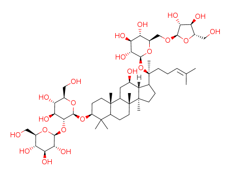 11021-14-0,Ginsenoside Rc,NSC 310104;Panaxoside RC;20-((6-O-alpha-L-Arabinofuranosyl-beta-D-glucopyranosyl)oxy)-12beta-hydroxydammar-24-en-3beta-yl 2-O-beta-D-glucopyranosyl-beta-D-glucopyranoside;