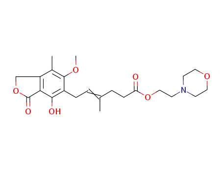 128794-94-5,Mycophenolate mofetil,Cellcept (TN);RS 61443;2-morpholin-4-ylethyl (E)-6-(4-hydroxy-6-methoxy-7-methyl-3-oxo-1H-isobenzofuran-5-yl)-4-methyl-hex-4-enoate;4-Hexenoic acid,6-(1,3-dihydro-4-hydroxy-6- methoxy-7-methyl-3-oxo-5-isobenzofuranyl)- 4-methyl-,2-(4-morpholinyl)ethyl ester,(4E)-;Mycophenolate;
