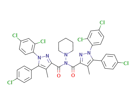 Molecular Structure of 1028183-02-9 (5-(4-chlorophenyl)-1-(2,4-dichlorophenyl)-4-methyl-1H-pyrazole-3-carboxylic acid [5-(4-chlorophenyl)-1-(2,4-dichlorophenyl)-4-methyl-1H-pyrazole-3-carbonyl]piperidin-1-yl-amide)