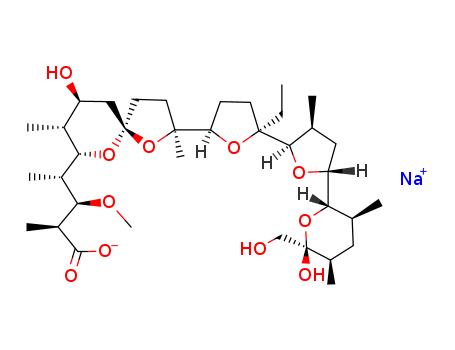 22373-78-0,Monensin sodium salt,1,6-Dioxaspiro[4.5]decane-7-butyricacid,2-[5-ethyltetrahydro-5-[tetrahydro-3-methyl-5-[tetrahydro-6-hydroxy-6-(hydroxymethyl)-3,5-dimethyl-2H-pyran-2-yl]-2-furyl]-2-furyl]-9-hydroxy-b-methoxy-a,g,2,8-tetramethyl-, monosodium salt (8CI);Monensin,monosodium salt (9CI);CRC Rumensin;Coban;Coban 45;Monensin A sodium salt;Monensin sodium;NSC 343257;Rumensin;Sodium monensin;Monensin, sodium salt(1:1);
