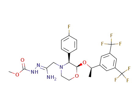Molecular Structure of 219821-37-1 (2-[2-[(2R,3S)-2-[(1R)-1-[3,5-bis(trifluoromethyl)phenyl]ethoxy]-3-(4-fluorophenyl)-4-morpholinyl]-1-iminoethyl]hydrazinecarboxylic acid methyl ester)