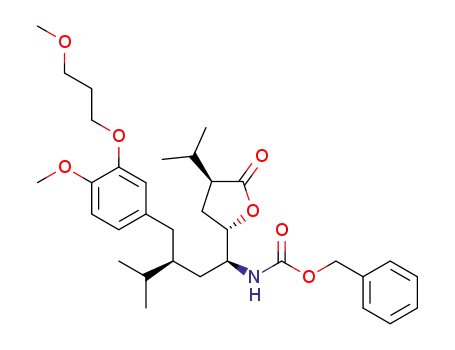 Molecular Structure of 1236549-00-0 ({(1S,3S)-1-((2S,4S)-4-isopropyl-5-oxo-furanidin-2-yl)-3-[4-methoxy-3-(3-methoxy-propoxy)-benzyl]-4-methyl-pentyl}-carbamic acid benzyl ester)