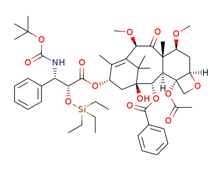 Molecular Structure of 1380584-07-5 (1-hydroxy-7β,10β-di-methoxy-9-oxo-5β,20-epoxytax-11-ene-2α,4,13α-triyl 4-acetate 2-benzoate 13-{(2R,3S)-3-[(tert-butoxycarbonyl)amino]-2-trethylsilyloxy-3-phenylpropanoate})
