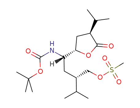 Molecular Structure of 179993-30-7 (Carbamic acid,
[(1S,3S)-4-methyl-3-[[(methylsulfonyl)oxy]methyl]-1-[(2S,4S)-tetrahydro-
4-(1-methylethyl)-5-oxo-2-furanyl]pentyl]-, 1,1-dimethylethyl ester)