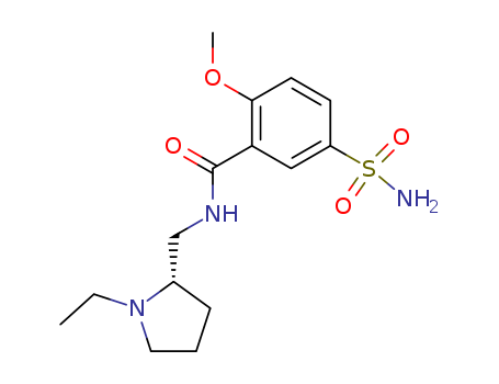 23672-07-3,Levosulpiride,Benzamide,5-(aminosulfonyl)-N-[(1-ethyl-2-pyrrolidinyl)methyl]-2-methoxy-, (S)-;o-Anisamide, N-[(1-ethyl-2-pyrrolidinyl)methyl]-5-sulfamoyl-, (-)- (8CI);(-)-Sulpiride;L-Sulpiride;Levobren;Levopraid;