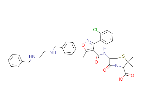 23736-58-5,Cloxacillin benzathine,4-Thia-1-azabicyclo[3.2.0]heptane-2-carboxylic acid, 6-[3-(o-chlorophenyl)-5-methyl-4-isoxazolecarboxamido]-3,3-dimethyl-7-oxo-, compd. with N,N'-dibenzylethylenediamine (2:1) (8CI);4-Thia-1-azabicyclo[3.2.0]heptane-2-carboxylic acid, 6-[[[3-(2-chlorophenyl)-5-methyl-4-isoxazolyl]carbonyl]amino]-3,3-dimethyl-7-oxo-, [2S-(2α,5α,6β)]-, compd. with N,N'-bis(phenylmethyl)-1,2-ethanediamine (2:1);1,2-Ethanediamine, N,N'-bis(phenylmethyl)-, bis[(2S,5R,6R)-6-[[[3-(2-chlorophenyl)-5-methyl-4-isoxazolyl]carbonyl]amino]-3,3-dimethyl-7-oxo-4-thia-1-azabicyclo[3.2.0]heptane-1-carboxylate] (9CI);Benzathine cloxacillin;Boviclox;Cloxacillin benzathin;Noroclox DC;Opticlox;Orbenin Dry Cow;Triclox;