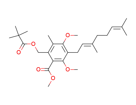 Molecular Structure of 207398-36-5 (3-((E)-3,7-Dimethyl-octa-2,6-dienyl)-6-(2,2-dimethyl-propionyloxymethyl)-2,4-dimethoxy-5-methyl-benzoic acid methyl ester)