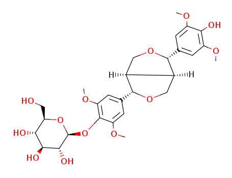 7374-79-0,ELEUTHEROSIDE E1,AcanthosideB (7CI);Glucopyranoside,2,6-dimethoxy-4-[tetrahydro-4-(4-hydroxy-3,5-dimethoxyphenyl)-1H,3H-furo[3,4-c]furan-1-yl]phenyl,b-D- (8CI);b-D-Glucopyranoside,2,6-dimethoxy-4-[tetrahydro-4-(4-hydroxy-3,5-dimethoxyphenyl)-1H,3H-furo[3,4-c]furan-1-yl]phenyl,[1S-(1a,3aa,4a,6aa)]-;(+)-Syringaresinol 4'-O-b-glucopyranoside;(+)-Syringaresinol O-b-D-glucopyranoside;(+)-Syringaresinol b-D-glucopyranoside;(+)-Syringaresinol b-D-glucoside;