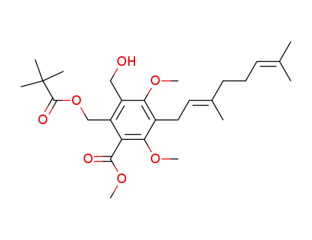Molecular Structure of 207402-10-6 (3-((E)-3,7-Dimethyl-octa-2,6-dienyl)-6-(2,2-dimethyl-propionyloxymethyl)-5-hydroxymethyl-2,4-dimethoxy-benzoic acid methyl ester)