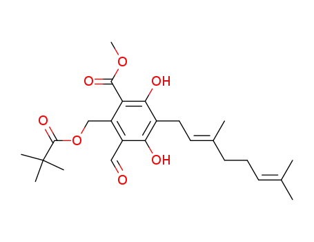 Molecular Structure of 207398-35-4 (3-((E)-3,7-Dimethyl-octa-2,6-dienyl)-6-(2,2-dimethyl-propionyloxymethyl)-5-formyl-2,4-dihydroxy-benzoic acid methyl ester)