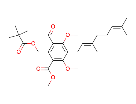 Molecular Structure of 207402-09-3 (3-((E)-3,7-Dimethyl-octa-2,6-dienyl)-6-(2,2-dimethyl-propionyloxymethyl)-5-formyl-2,4-dimethoxy-benzoic acid methyl ester)