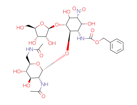 Molecular Structure of 96181-96-3 ([(1S,2R,3R,5R)-2-[(2R,3R,4R,5S,6R)-3-Acetylamino-6-(acetylamino-methyl)-4,5-dihydroxy-tetrahydro-pyran-2-yloxy]-3-((2S,3R,4S,5R)-3,4-dihydroxy-5-hydroxymethyl-tetrahydro-furan-2-yloxy)-4,6-dihydroxy-5-nitro-cyclohexyl]-carbamic acid benzyl ester)