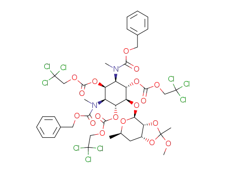 Carbonic acid (1R,2S,3R,4R,5S,6R)-2,4-bis-(benzyloxycarbonyl-methyl-amino)-6-((3aR,4S,6R,7aR)-2-methoxy-2,6-dimethyl-tetrahydro-[1,3]dioxolo[4,5-c]pyran-4-yloxy)-3,5-bis-(2,2,2-trichloro-ethoxycarbonyloxy)-cyclohexyl ester 2,2,2-trichloro-ethyl ester