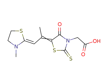 Molecular Structure of 25651-76-7 (5-[1-METHYL-2-(3-METHYL-2-THIAZOLIDINYLIDENE)ETHYLIDENE]-4-OXO- 2-THIOXO-3- THIAZOLIDINEACETIC ACID)