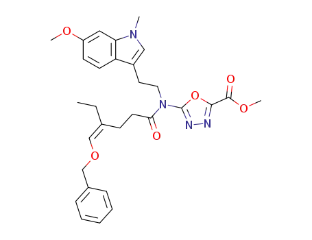 Molecular Structure of 867214-04-8 (5-{{4-[1-Benzyloxy-meth-(Z)-ylidene]-hexanoyl}-[2-(6-methoxy-1-methyl-1H-indol-3-yl)-ethyl]-amino}-[1,3,4]oxadiazole-2-carboxylic acid methyl ester)