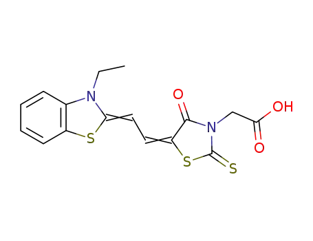 Molecular Structure of 25962-03-2 (5-[(3-ethylbenzothiazol-2(3H)-ylidene)ethylidene]-4-oxo-2-thioxothiazolidin-3-acetic acid)