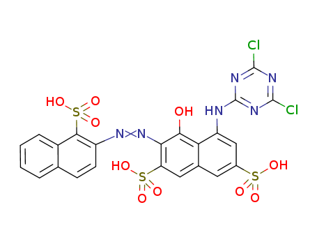 25926-16-3,5-[(4,6-dichloro-1,3,5-triazin-2-yl)amino]-4-hydroxy-3-[(1-sulpho-2-naphthyl)azo]naphthalene-2,7-disulphonic acid,1-Naphthol-3,6-disulfonicacid, 8-[(4,6-dichloro-s-triazin-2-yl)amino]-2-(1-sulfo-2-naphthylazo)- (6CI);2,7-Naphthalenedisulfonic acid,5-[(4,6-dichloro-1,3,5-triazin-2-yl)amino]-4-hydroxy-3-[(1-sulfo-2-naphthalenyl)azo]-(9CI); 2,7-Naphthalenedisulfonic acid, 5-[(4,6-dichloro-s-triazin-2-yl)amino]-4-hydroxy-3-[(1-sulfo-2-naphthyl)azo]-(8CI)