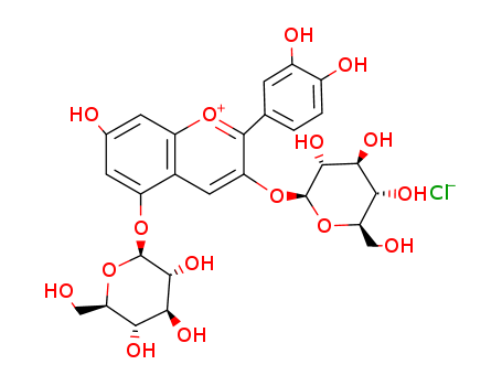1-Benzopyrylium,2-(3,4-dihydroxyphenyl)-3,5-bis(b-D-glucopyranosyloxy)-7-hydroxy-, chloride (1:1)  CAS NO.2611-67-8