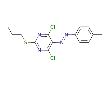 Molecular Structure of 376608-73-0 (4,6-dichloro-5-((E)-2-(4-methylphenyl)diazenyl)-2-(propylsulfanyl)pyrimidine)