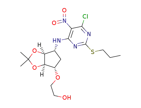 Molecular Structure of 1265919-25-2 (2-[((3aR,4S,6R,6aS)-6-{[5-nitro-6-chloro-2-(propylthio)-4-pyrimidinyl]amino}-2,2-dimethyltetrahydro-3aH-cyclopenta[d][1,3]dioxol-4-yl)oxy]-1-ethanol)