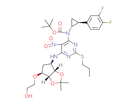 Molecular Structure of 1383715-59-0 (2-[[(3aR,4S,6R,6aS)-6-[[4-[N-[(1R,2S)-2-(3,4-difluorophenyl)cyclopropan-1-yl]-N-tert-butoxycarbonyl]amino]-2-(propylthio)-5-nitropyrimidin-6-yl]-2,2-dimethyl-tetrahydro-3aH-cyclopenta[d][1,3]dioxol-4-yl]oxy] ethanol)