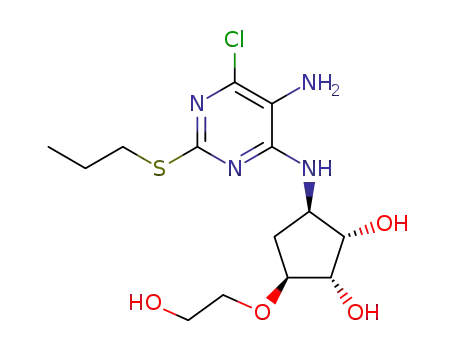 Molecular Structure of 1402150-32-6 ((1S<sub> </sub>2S,3R,5S)-3-[(5-amino-6-chloro-2-(propylthio)pyrimidin-4-yl)amino]-5-(2-hydroxyethoxy)cyclopentane-1,2-diol)