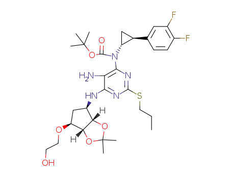 Molecular Structure of 1383715-60-3 (2-[[(3aR,4S,6R,6aS)-6-[[4-[N-[(1R,2S)-2-(3,4-difluorophenyl)cyclopropan-1-yl]-N-tert-butoxycarbonyl]amino]-2-(propylthio)-5-aminopyrimidin-6-yl]-2,2-dimethyl-tetrahydro-3aH-cyclopenta[d][1,3]dioxol-4-yl]oxy]ethanol)