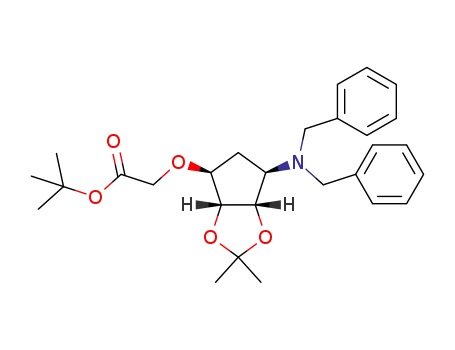 Molecular Structure of 1383715-56-7 (tert-butyl [[(3aR,4S,6R,6aS)-6-(N,N-dibenzylamino)-2,2-dimethyltetrahydro-3aH-cyclopenta[d][1,3]dioxol-4-yl]oxy]acetate)
