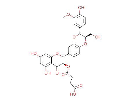 Molecular Structure of 86124-92-7 (Succinic acid mono-{(2R,3R)-5,7-dihydroxy-2-[(2R,3R)-3-(4-hydroxy-3-methoxy-phenyl)-2-hydroxymethyl-2,3-dihydro-benzo[1,4]dioxin-6-yl]-4-oxo-chroman-3-yl} ester)