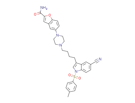 Molecular Structure of 1415760-77-8 (5-[4-[4-[5-cyano-1-(p-toluenesulfonyl)-1H-indol-3-yl]butyl]piperazin-1-yl]benzofuran-2-carboxamide)