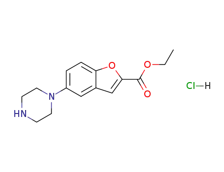 Molecular Structure of 765935-67-9 (5-(1-piperazinyl)-2-Benzofurancarboxylic acid ethyl ester Monohydrochloride)