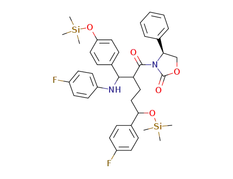 Molecular Structure of 858126-22-4 (3-{2-[3-(fluorophenyl)-3-(trimethyl silyloxy)-propyl]-3-(4-fluoro phenyl amino)-3-(4-trimethyl silyloxy phenyl)-1-oxo-propyl}-4-(S)-phenyl oxazolidin-2-one)