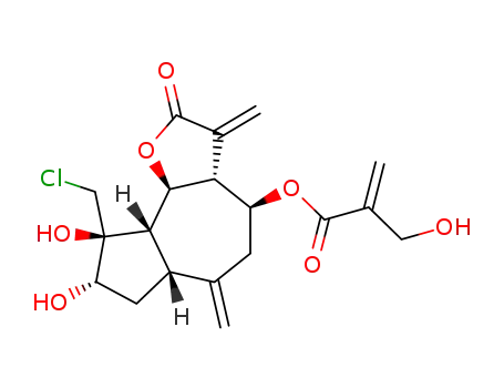 Molecular Structure of 64205-85-2 (2-(Hydroxymethyl)propenoic acid 9-(chloromethyl)dodecahydro-8,9-dihydroxy-3,6-dimethylene-2-oxoazuleno[4,5-b]furan-4-yl ester)