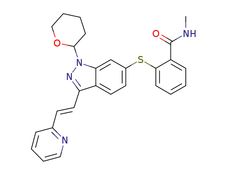 Molecular Structure of 885126-35-2 (N-Methyl-2-[[3-[(1E)-2-(2-pyridinyl)ethenyl]-1-(tetrahydro-2H-pyran-2-yl)-1H-indazol-6-yl]thio]benzamide)