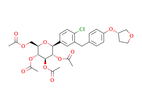 Molecular Structure of 915095-99-7 ((1S)-1,5-anhydro-2,3,4,6-tetra-O-acteyl-1-C-[4-chloro-3-[[4-[[(3S)-tetrahydrofu-ran-3-yl]oxy]phenyl] methyl]phenyl]-D-Glucitol)