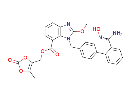 Molecular Structure of 1449029-77-9 ((5-methyl-2-oxo-2H-1,3-dioxol-4yl)methyl 2-ethoxy-1-[(4-(2-[N-hydroxy-carbamimidoyl]phenyl)phenyl)-methyl]-1H-1,3-benzodiazole-7-carboxylate)