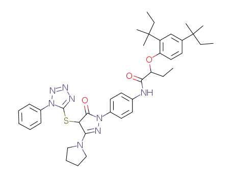 Molecular Structure of 30818-18-9 (2-(2,4-Bis(1,1-dimethylpropyl)phenoxy)-N-(4-(4,5-dihydro-5-oxo-4-((1-phenyl-1H-tetrazol-5-yl)thio)-3-(1-pyrrolidinyl)-1H-pyrazol-1-yl)phenyl)butanamide)