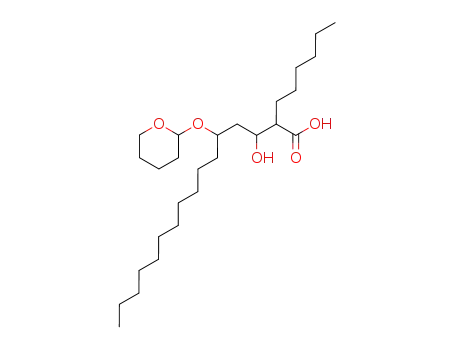 Molecular Structure of 104801-93-6 (2-Hexyl-3-hydroxy-5-[(tetrahydro-2H-pyran-2-yl)oxy]-hexadecanoic Acid)