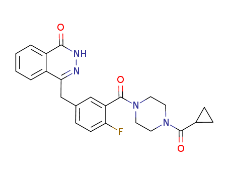 763113-22-0,Olaparib,4-[3-(4-Cyclopropanecarbonylpiperazine-1-carbonyl)-4-fluorobenzyl]-2H-phthalazin-1-one;1-(Cyclopropylcarbonyl)-4-[5-[(3,4-dihydro-4-oxo-1-phthalazinyl)methyl]-2-fluorobenzoyl]piperazine;