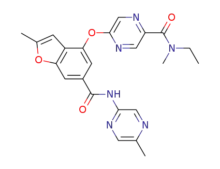 Molecular Structure of 1245603-97-7 (N-ethyl-N-methyl-5-(2-methyl-6-((5-methylpyrazin-2-yl)carbamoyl)-benzofuran-4-yloxy)pyrazine-2-carboxamide)