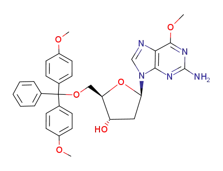 Molecular Structure of 142738-49-6 ((2R,3S,5R)-5-(2-Amino-6-methoxy-purin-9-yl)-2-[bis-(4-methoxy-phenyl)-phenyl-methoxymethyl]-tetrahydro-furan-3-ol)