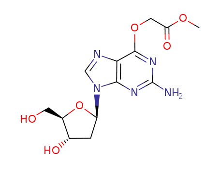 Molecular Structure of 189457-83-8 ([2-Amino-9-((2R,4S,5R)-4-hydroxy-5-hydroxymethyl-tetrahydro-furan-2-yl)-9H-purin-6-yloxy]-acetic acid methyl ester)