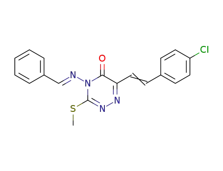 Molecular Structure of 89988-38-5 (1,2,4-Triazin-5(4H)-one,
6-[2-(4-chlorophenyl)ethenyl]-3-(methylthio)-4-[(phenylmethylene)amino]
-)